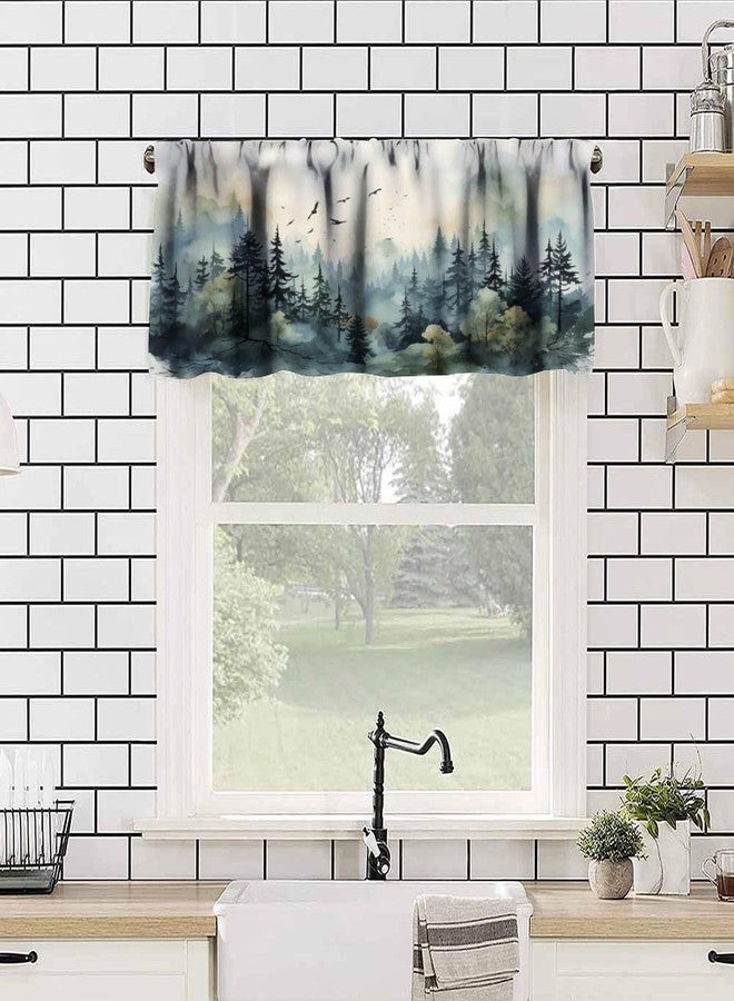 LOMADIA Forest Kitchen Valance Curtain, Watercolor Style Nature Mountain Woodland Green Forest Flying Birds Pattern Window Treatment Rod Pocket Drapes for Living Room Bedroom Cafe Decor 54x18inch - Image 5